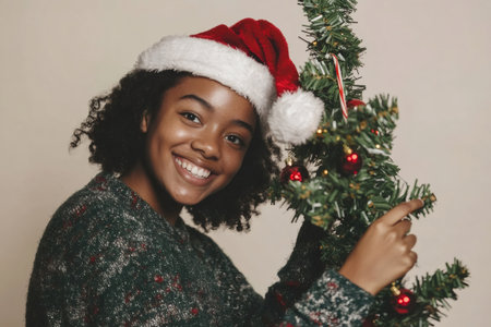 Young woman wearing a Santa hat and sweater, celebrating Christmas by decorating a small festive tree with ornamentsの素材
