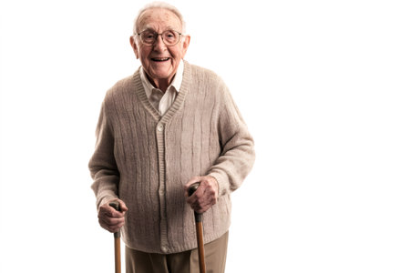 Elderly man smiling broadly, standing and holding two walking canes, symbolizing independence, happiness, and active senior livingの素材