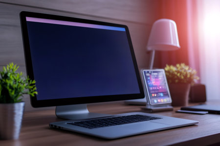 Modern home office workspace setup with computer, laptop, and smartphone on a wooden desk, ready for workの素材