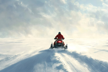 Person riding a snowmobile, enjoying winter sport and adventure with snow dust trailing behind under a cloudy skyの素材