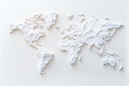 Global map with relief like continents. White land masses illustrating international connection and simple geographyの素材