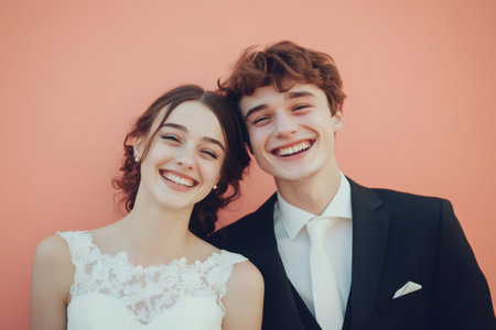 Young couple in wedding attire, bride in white dress and groom in suit, smiling beautifully, celebrating their special dayの素材