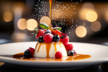 Panna cotta dessert featuring fresh berries, caramel sauce, and powdered sugar falling with bokeh lights in the backgroundの素材