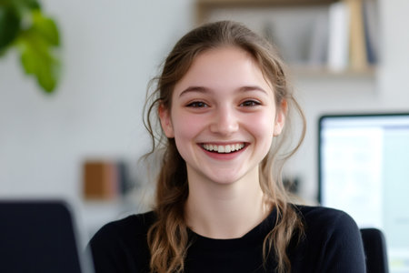 Young woman smiling, expressing happiness and confidence while working in a bright office environmentの素材