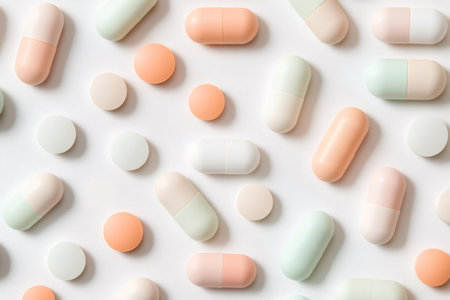 Pastel pills and capsules creating an abstract pattern. Representing wellness, medicine, health, and pharmaceutical conceptsの素材