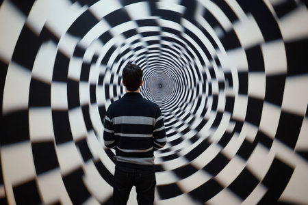 Man viewing an optical illusion with a black and white checkerboard pattern creating a hypnotic, surreal tunnel effectの素材