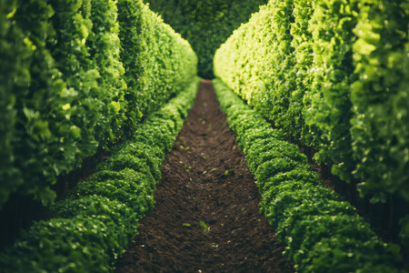 Vibrant lettuce plants growing in straight cultivated rows with rich soil, symbolizing agriculture, freshness, and healthy farmingの素材