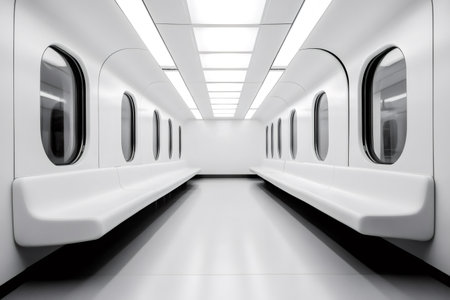 Minimalist tram interior featuring clean lines, bright overhead lighting, and white curved surfaces, embodied contemporary designの素材