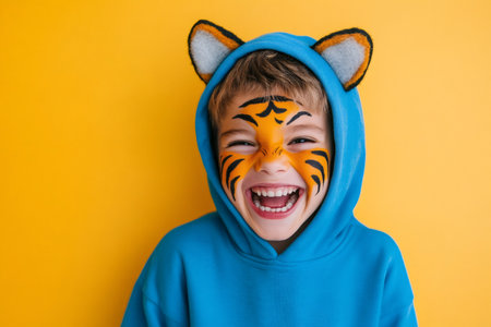Happy boy wearing a blue hoodie with tiger ears and face paint, showing pure joy against a vibrant yellow backgroundの素材