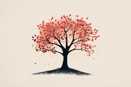 Abstract artwork depicting a family tree with red foliage and dark branches on a neutral background, symbolizing growth and connectionの素材