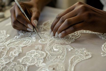 Artisan's hands meticulously working on bridal lace with a fine hook, creating intricate patterns and embellishments. Craftsmanship detailsの素材