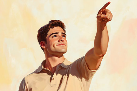 Confident man pointing finger upward, showing hope, optimism, or direction. Focus on future and successの素材