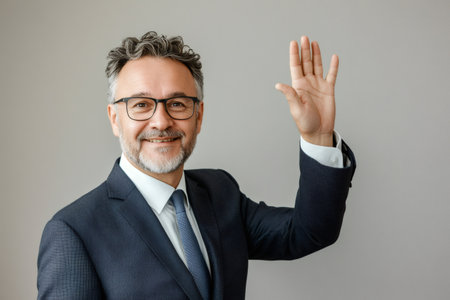 Happy business man raising hand in welcoming or farewell gesture. Cheerful professional executive in a suitの素材