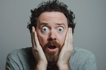 Man with wide eyes and open mouth reacting to something surprising or scary, hands pressed against his cheeksの素材