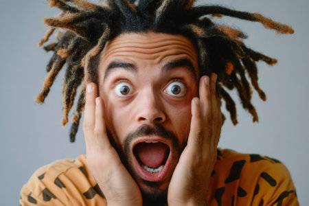 Man with dreadlocks reacting with extreme surprise. Hands framing face, mouth open and eyes wide, showing an emotional momentの素材