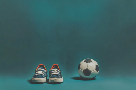 Children's sneakers standing beside a soccer ball, representing childhood sports, aspirations, and playingの素材