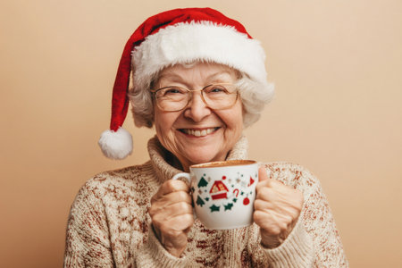 Senior woman wearing a festive Santa hat and cozy sweater, smiling and holding a Christmas themed mug with a warm beverageの素材