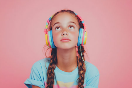 Young girl with braided hair listening to music, having an idea or dream, standing against a pink backgroundの素材