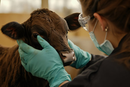 Veterinarian wearing gloves and mask performing an eye examination and checkup on a small brown calf for animal healthの素材