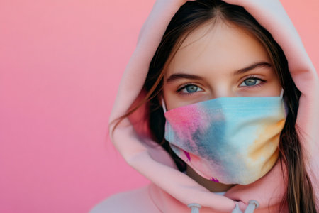 Teenage girl in pink hoodie wearing colorful tie dye face mask, protective portrait reflecting pandemic era safety and youth resilienceの素材