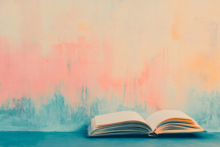 Open book with blank pages on a rustic wooden table against a textured pastel colored wall. Ideal for education, writing, and creativityの素材