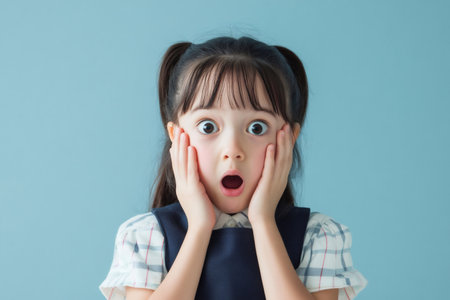 Young girl with pigtails showing a shocked expression, holding hands to her cheeks, standing against a blue backgroundの素材