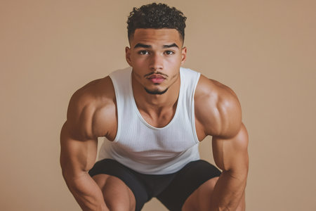 Muscular young man in a white tank top looking at camera, conveying strength, health, and athletic poseの素材
