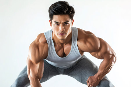 Male bodybuilder in athletic wear posing, actively showing strong physique and a determined expression during a workoutの素材