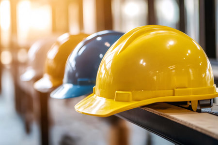 Hard hats in yellow and blue colors lined up, symbolizing workplace safety, teamwork, and construction industry protectionの素材