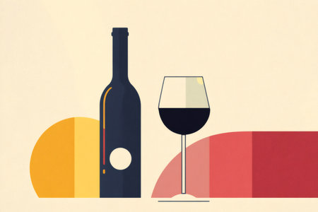 Minimalist illustration depicting a wine bottle and glass with red wine, featuring retro style flat shapes and texturesの素材