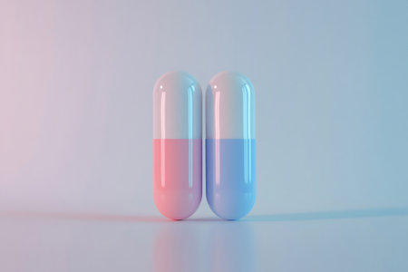 Two upright capsules feature a white top and a pink or blue bottom, symbolizing medical care or gender conceptsの素材