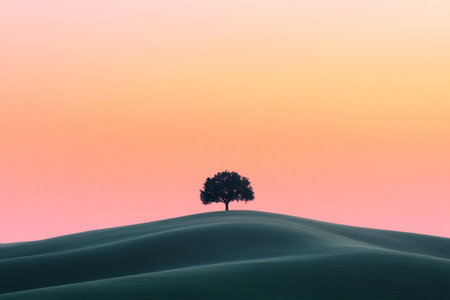 Solitary tree on rolling green hills creates a serene and minimalist landscape under a vibrant sunset sky, symbolizing tranquility and peaceの素材