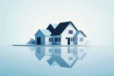 Conceptual real estate illustration showing a modern family house with multiple buildings, representing property and homeの素材