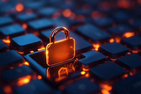Glowing padlock representing digital security on a backlit computer keyboard. Secure online transactions and data protection symbolの素材