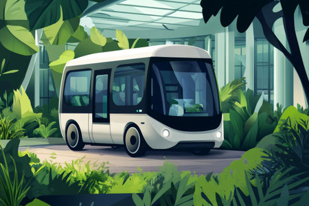 Autonomous vehicle moving through a lush green landscape and modern architecture, symbolizing the future, sustainable, and eco friendly city transportationの素材