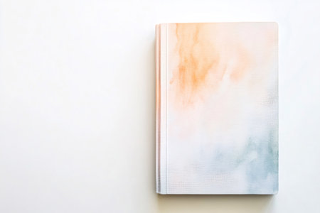 Notebook with a beautiful watercolor cover design, featuring soft orange and blue tones, creating a clean artistic backgroundの素材