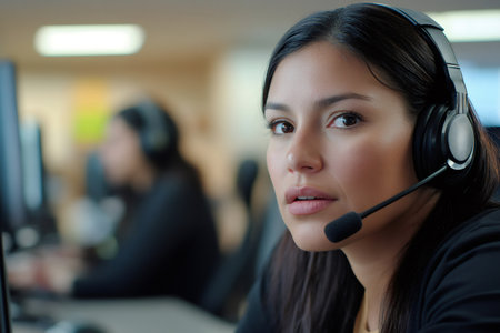 Young woman wearing a headset with a microphone, providing support and actively communicating with clients in an officeの素材