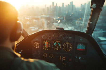 Pilot view from cockpit flying over modern city skyline during golden hour. Aviation journey, travel conceptの素材