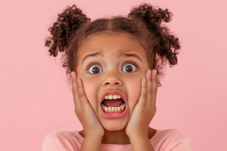 Child feeling surprised or scared with wide open eyes and missing front teeth. Expressing emotion on a pink backgroundの素材