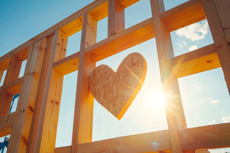 Wooden house framing featuring a heart shape, sun shining through, symbolizing home building, love, and new beginningsの素材