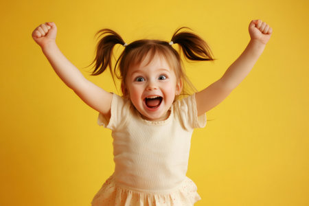 Energetic toddler with pigtails expressing pure joy and excitement with a wide open mouth smile on a yellow backgroundの素材