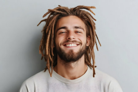 Young man with dreadlocks smiling broadly, showing happiness and positive emotions. Looking directly at cameraの素材