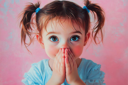 Adorable child with big blue eyes and pigtails, hands folded covering mouth, looking innocent against a pink backgroundの素材