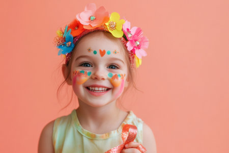 Happy young girl with colorful face paint, flower crown and glitter, beaming with playful joy against an orange backdropの素材