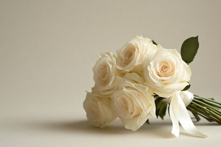 Elegant white rose bouquet tied with a delicate ribbon, resting on a clean cream background, symbolizing wedding, love, and purityの素材