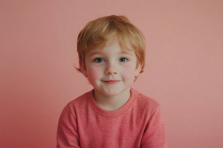 Young boy smiling playfully, looking directly at the camera. He represents childhood, youth, and positive emotionの素材