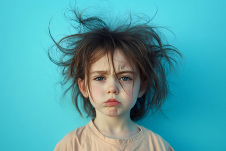 Young child with messy hair and frowning face stands against bright blue background, showing a comical bad mood conceptの素材