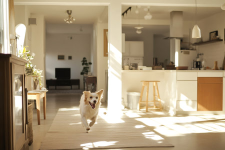 Happy golden retriever bounding through a bright, sunlit modern home, playful energy and joyful freedom indoorsの素材