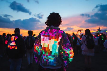 Young person wearing a glowing pixel style jacket stands among the crowd at an outdoor music festival during sunsetの素材