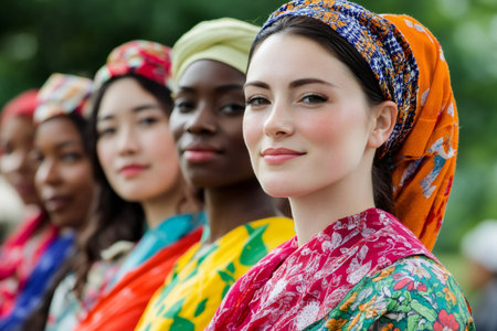 Group of diverse women smiling, wearing colorful headscarves and traditional clothing, celebrating unity and multiculturalismの素材